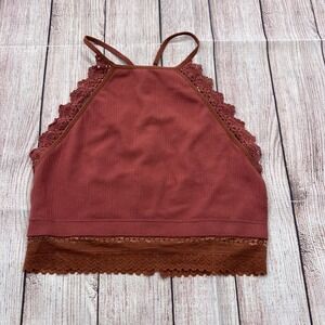 Fornia Rust Ribbed High Neck Lace Trim Cage Back Bralette Crop Top S/M